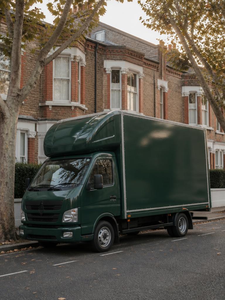 Unbranded green Luton removals truck parked outside a North London Victorian terrace