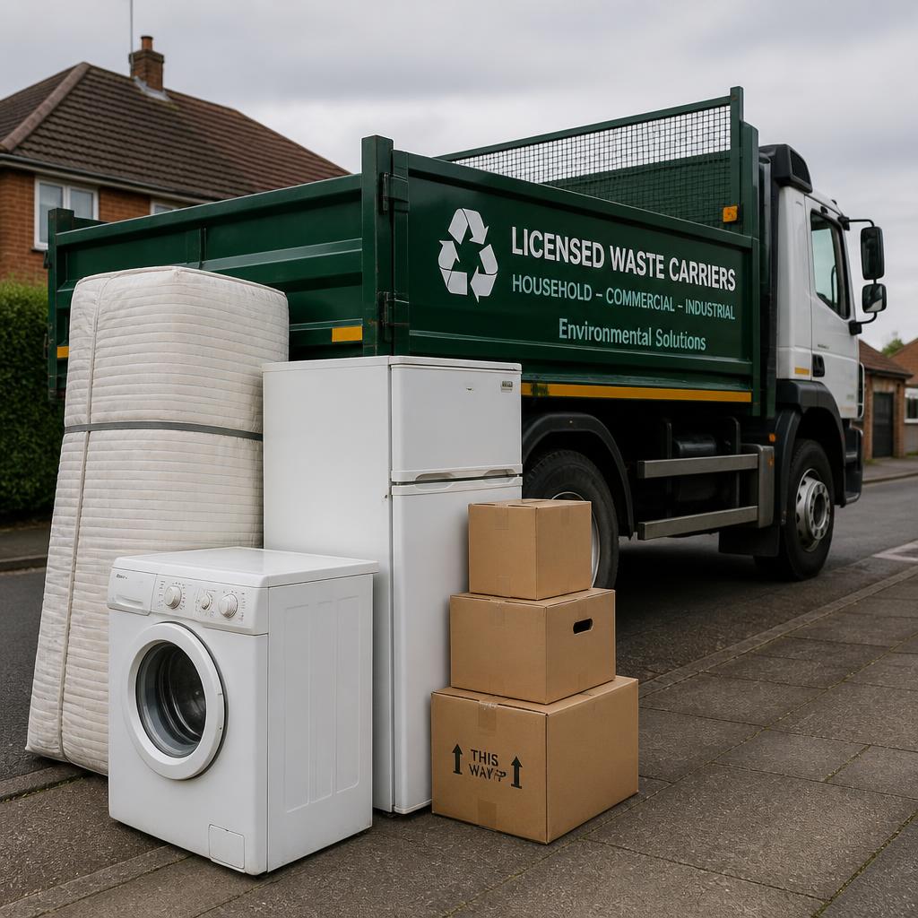 Appliances and bulky items stacked next to a green tipper truck ready for licensed disposal