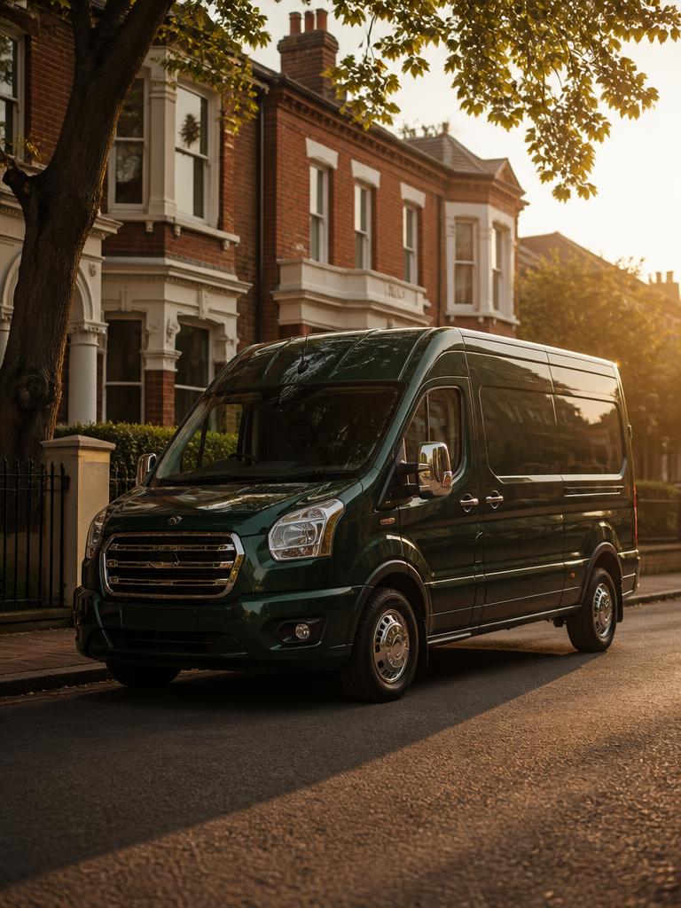 Dark green removals van parked on a quiet Enfield street at golden hour
