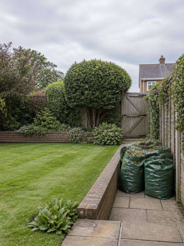 Freshly cleared British back garden with green garden waste bags stacked tidily by the side gate