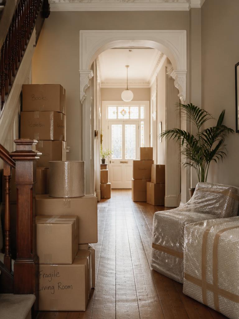 Stacked moving boxes and wrapped furniture in the hallway of a Victorian British home