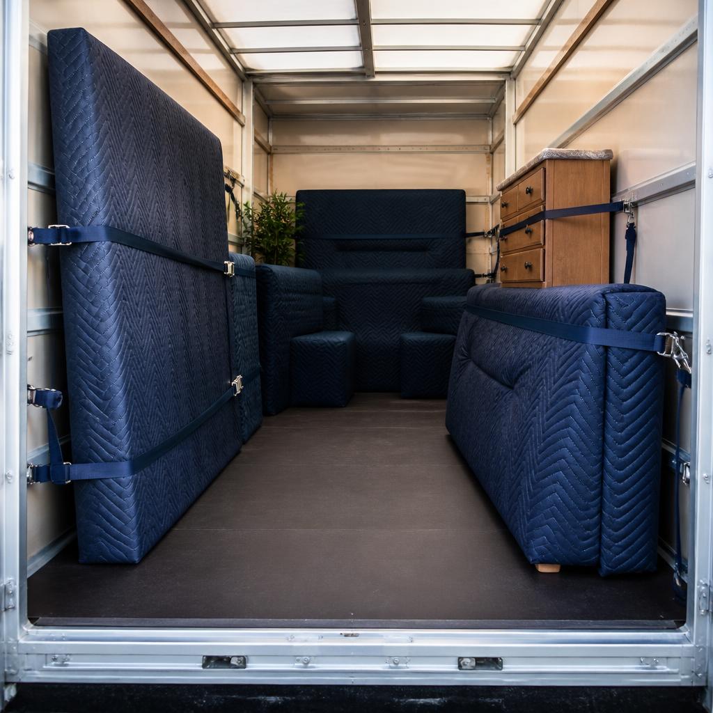 Wrapped and strapped furniture secured inside the removals van